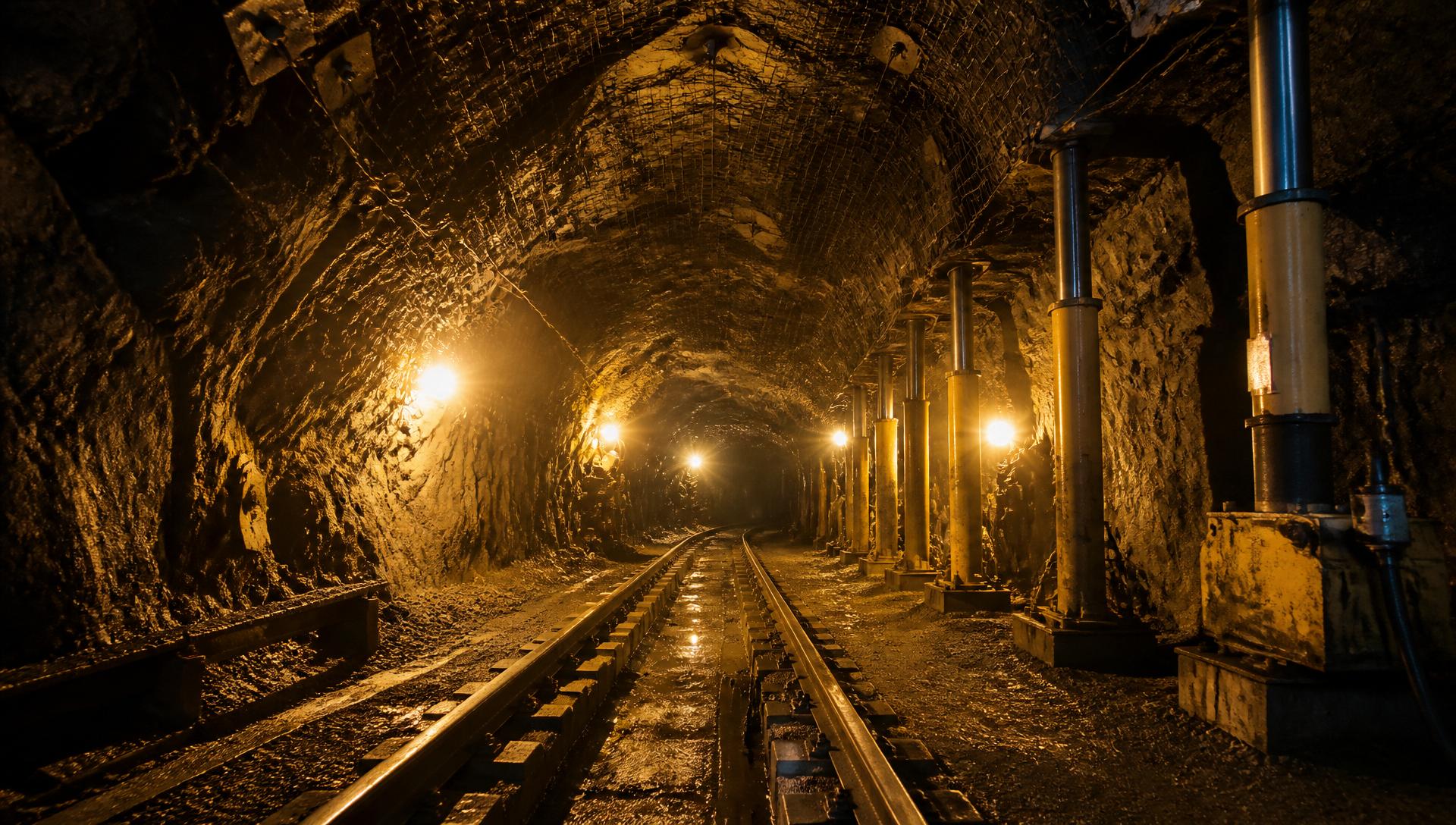 Underground hard-rock mining tunnel with hydraulic support props and rail tracks